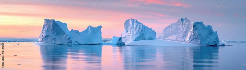 Luminous icebergs drift in serene arctic waters under a pale sky
