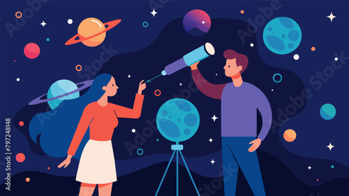 As they gazed through the powerful telescope a couple murmured excitedly to each other pointing out different constellations and trading theories. Vector illustration