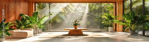Modern interior design with tropical plants and a central pedestal photo