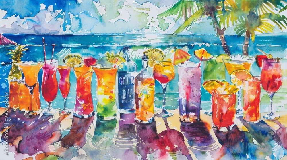 Lively watercolor of a beach party with colorful cocktails, the tropical backdrop enhancing the festive mood