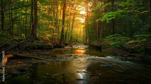 Enchanted sunrise in serene forest creek