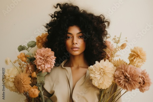 Woman with flowers portrait fashion adult.