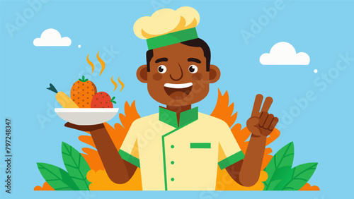 A man proudly presents his familys secret recipe for a y Jamaican jerk chicken while telling stories of his childhood in Jamaica.. Vector illustration