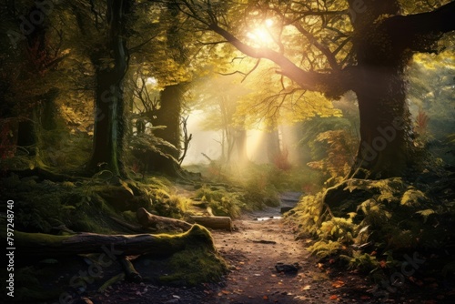 Magical fantasy wood light landscape sunlight.