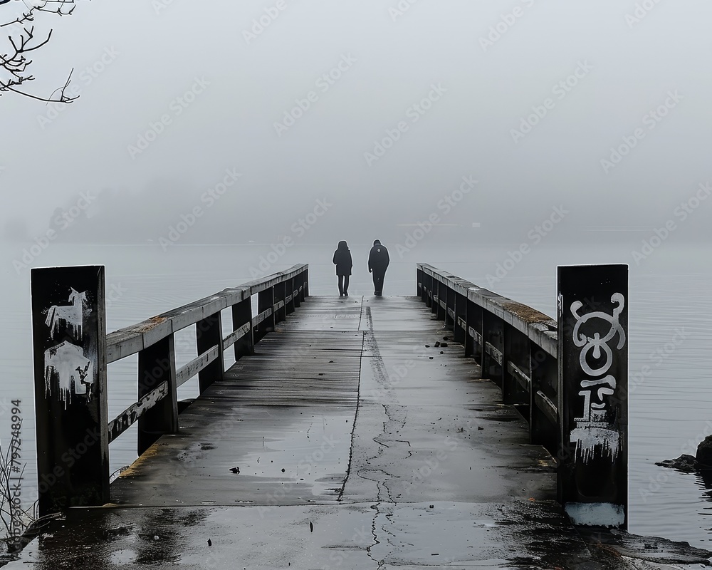 Fototapeta premium A long pier extending out into a lake on a foggy day.