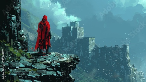 The valiant knight gazed out from the battlements of the pixelated medieval fortress. photo