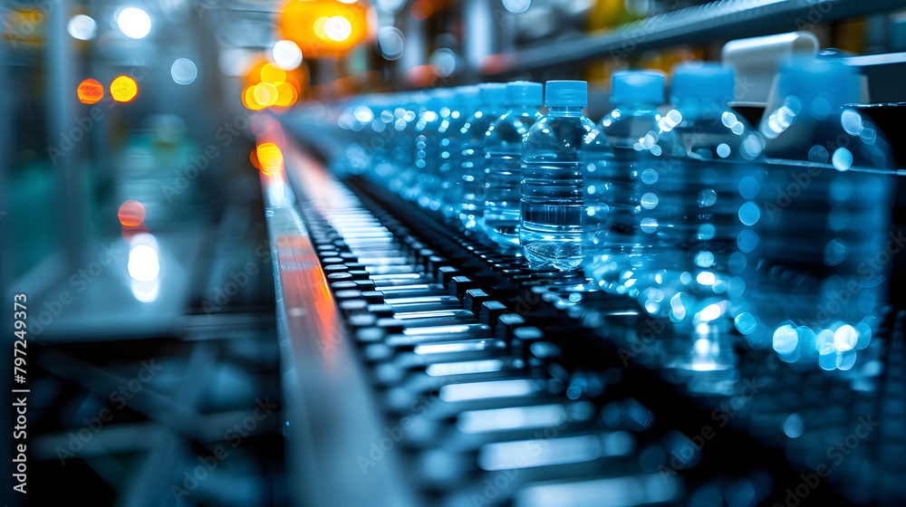 a plastic bottle production line, the bottles along the conveyor belt a plastic bottle production line, the bottles along the conveyor belt
