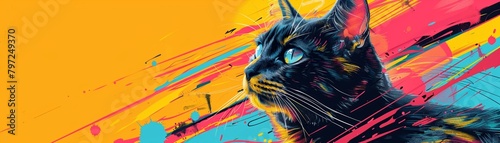 An artistic representation featuring a vibrant mix of colors and intricate dark strokes revolving around an adorable feline protagonist