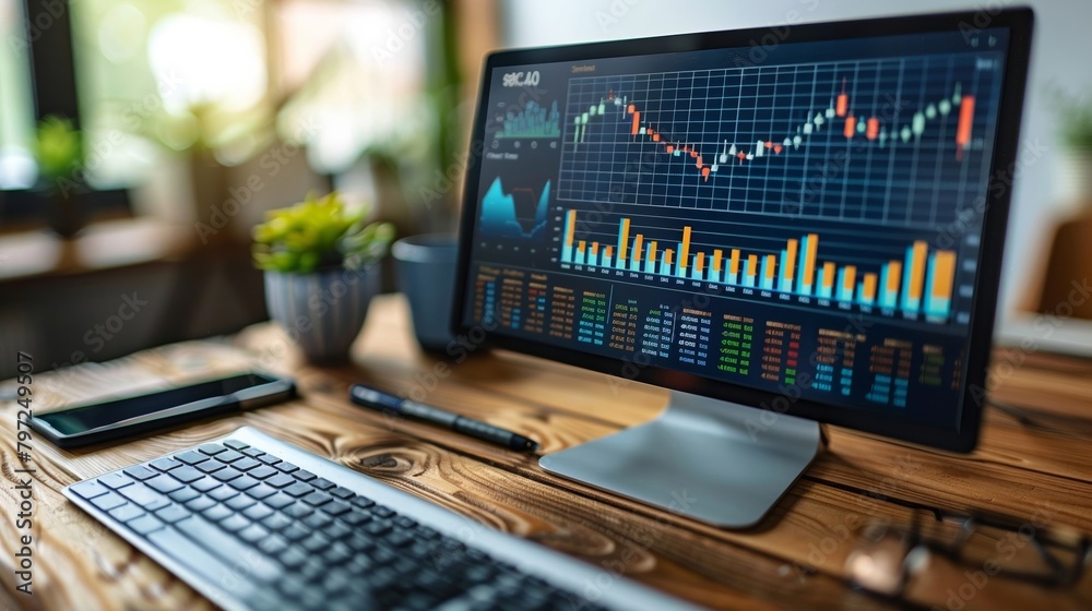 A comprehensive market study presentation showcasing diverse financial data and statistics displayed through a digital interface generated through financial analysis visualization software.