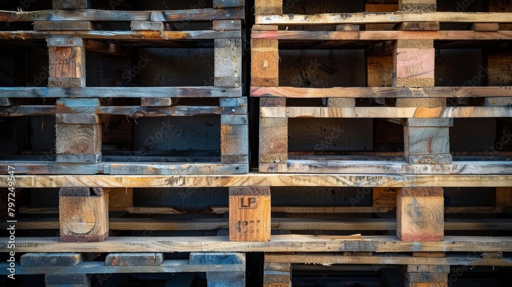 Stacked wooden pallets against a rustic backdrop Stacked wooden pallets against a rustic backdrop