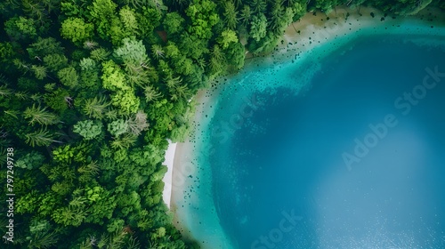 Aerial view of a forest and lake, with green trees on the left side of the frame, blue water in the right. For Design, Background, Cover, Poster, Banner, PPT, KV design, Wallpaper