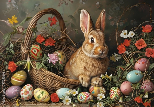 Traditional Easter Bunny with colorful Easter eggs. Happy easter
