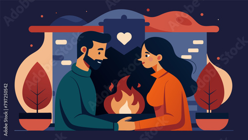 The intimacy of the fireplace allowed two lovers to share their innermost passions and fears with each other their connection growing stronger with. Vector illustration