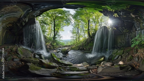 An immersive 360-degree view of a forest waterfall, allowing viewers to experience the surrounding beauty from every angle