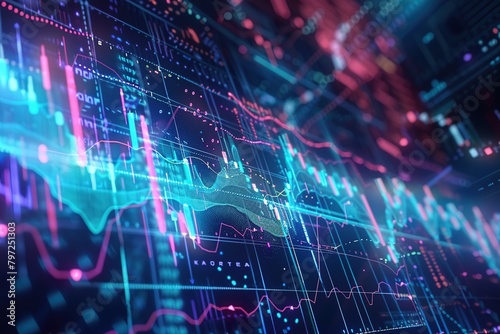 A digital visualization of stock market chart lines in a virtual reality environment, immersing the viewer in an interactive and dynamic representation of financial data photo