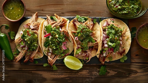 authentic mexican carnitas taco platter with zesty lime and spicy salsa verde concept food photography
