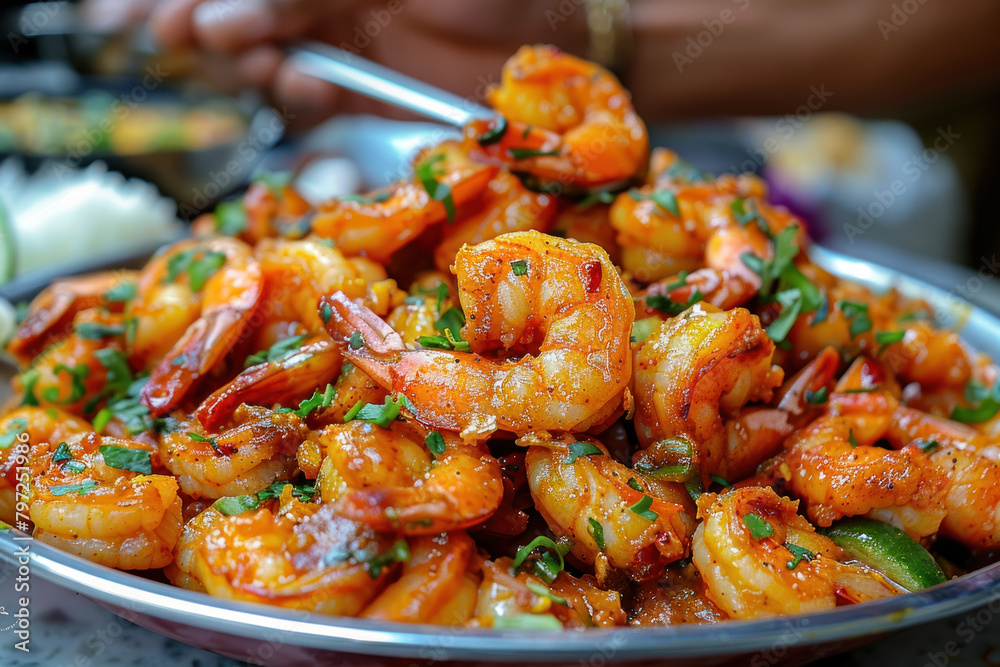A hand grabbing a shrimp curry from a plate on the table, food culinary A hand grabbing a shrimp curry from a plate on the table, food culinary