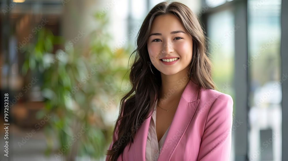confident business woman in stylish pink blazer smiling at camera against blurred modern office background confident business woman in stylish pink blazer smiling at camera against blurred modern office background