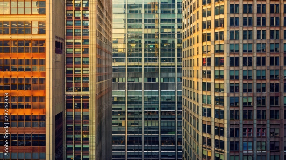 Skyscraper building down town city, apartment glass window reflection background.