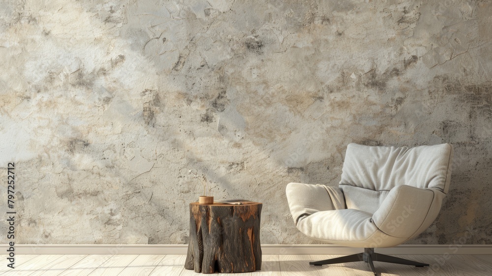 Cozy modern chair in rustic interior setting Cozy modern chair in rustic interior setting