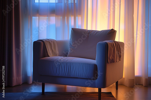 A tranquil scene capturing a modern sofa chair bathed in soft evening light, inviting relaxation and serenity.