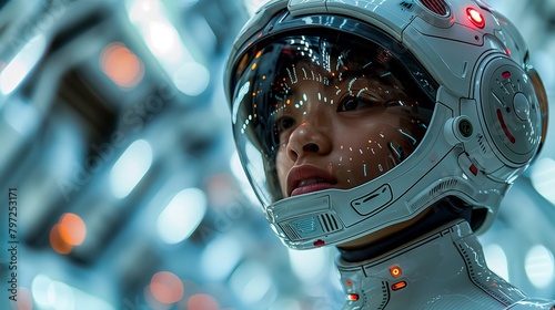 A close-up of a person in a high-tech helmet, reflecting fusion of humanity and advanced technology