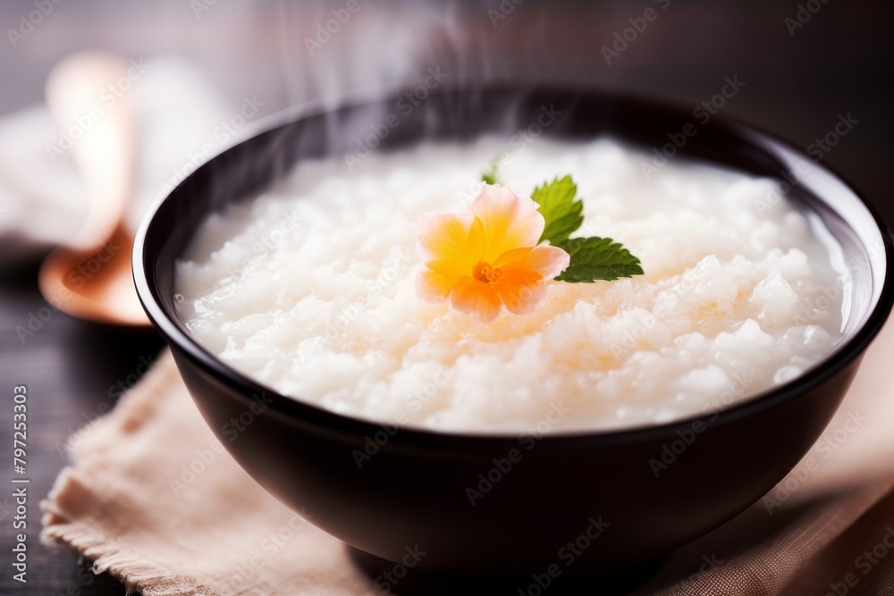 Steaming hot bowl of rice porridge with a flower garnish Steaming hot bowl of rice porridge with a flower garnish