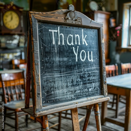 A heartfelt 'Thank You' message scrawled on a vintage chalkboard easel stands in a cozy cafe, photo