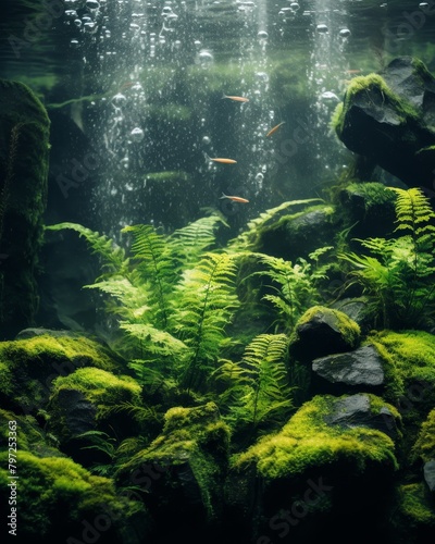 Tranquil underwater scene with fish and lush greenery