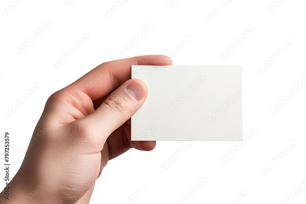 Fototapeta premium Hand holding a blank business card isolated on a transparent background