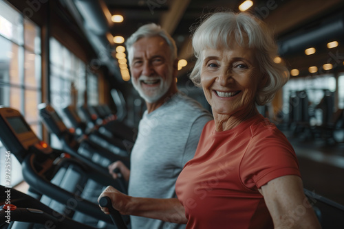 happy senior couple at gym on treadmill, smiling and looking at camera, health concept