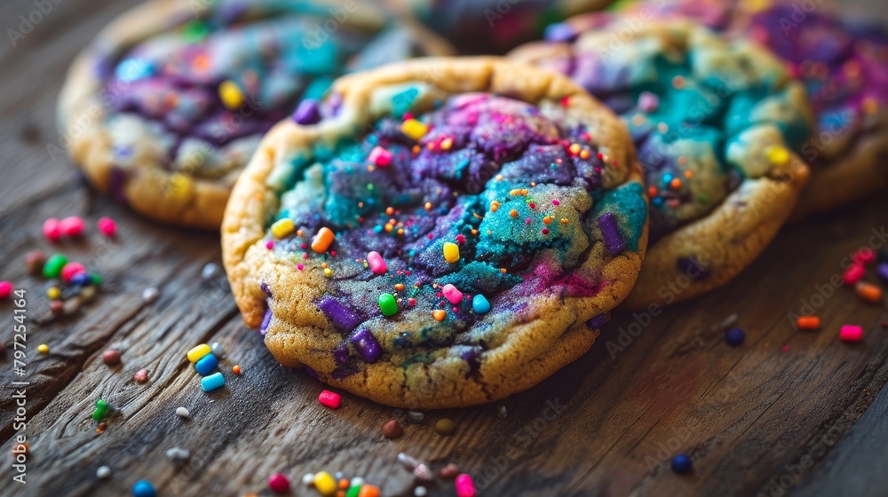 Colorful homemade cookies with sprinkles on a wooden table