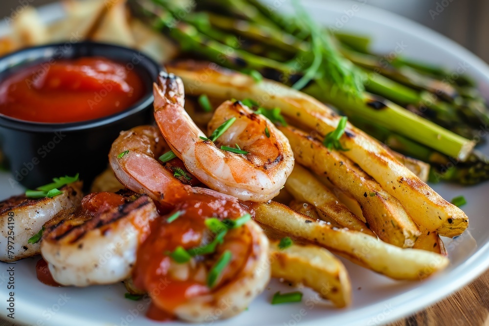 Delicious grilled shrimp and vegetables on a plate Delicious grilled shrimp and vegetables on a plate