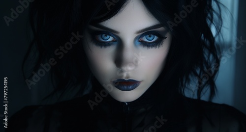 Mysterious woman with intense blue eyes