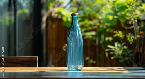 Glass water bottle on a wooden table with natural background