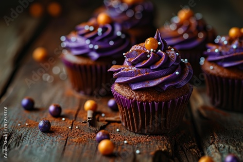 Purple Frosted Cupcakes on Rustic Wooden Table