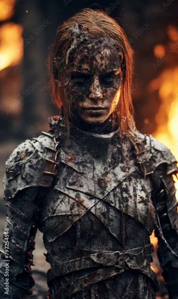 Warrior woman covered in mud with a fiery background