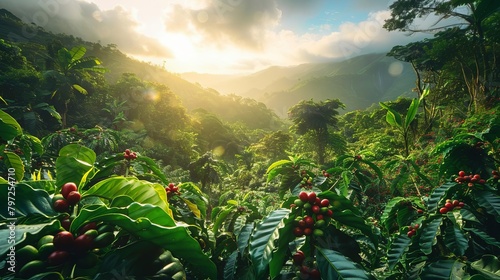 lush coffee plantation with ripe red cherries on trees tropical forest landscape