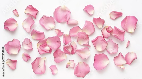 delicate pink rose petals scattered on white background high resolution photo