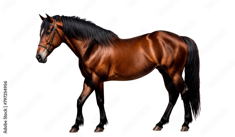 Fototapeta premium A brown horse with a black mane and tail isolated on a png background