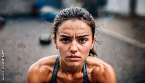 A woman with sweat on her face and muscles showing, looks into the camera.