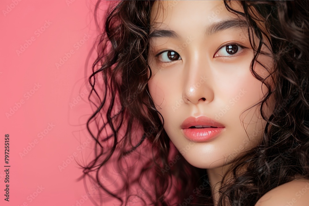 Young Asian beauty woman curly long hair with korean makeup style on face and perfect clean skin on isolated one color background. Facial treatment, Cosmetology, plastic surgery - generative ai Young Asian beauty woman curly long hair with korean makeup style on face and perfect clean skin on isolated one color background. Facial treatment, Cosmetology, plastic surgery - generative ai