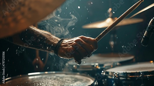 Closeup of a drummers hands delivering powerful beats on a drum kit ,close-up
