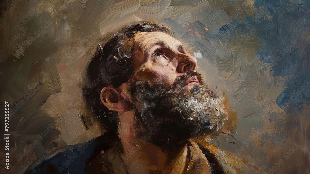 emotional biblical character portrait man with beard looking up oil painting