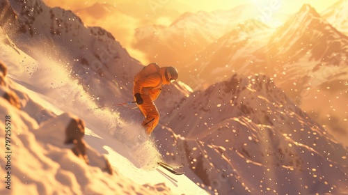 A professional skier in a orange suit. Generate AI image photo