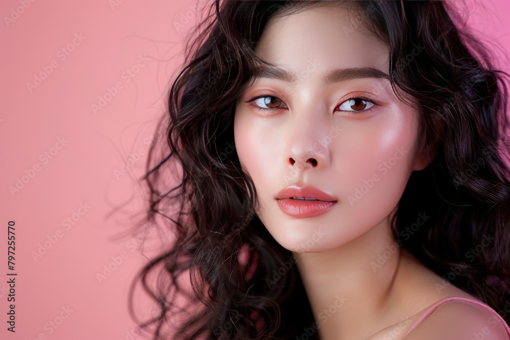 Young Asian beauty woman curly long hair with korean makeup style on face and perfect clean skin on isolated one color background. Facial treatment, Cosmetology, plastic surgery - generative ai Young Asian beauty woman curly long hair with korean makeup style on face and perfect clean skin on isolated one color background. Facial treatment, Cosmetology, plastic surgery - generative ai