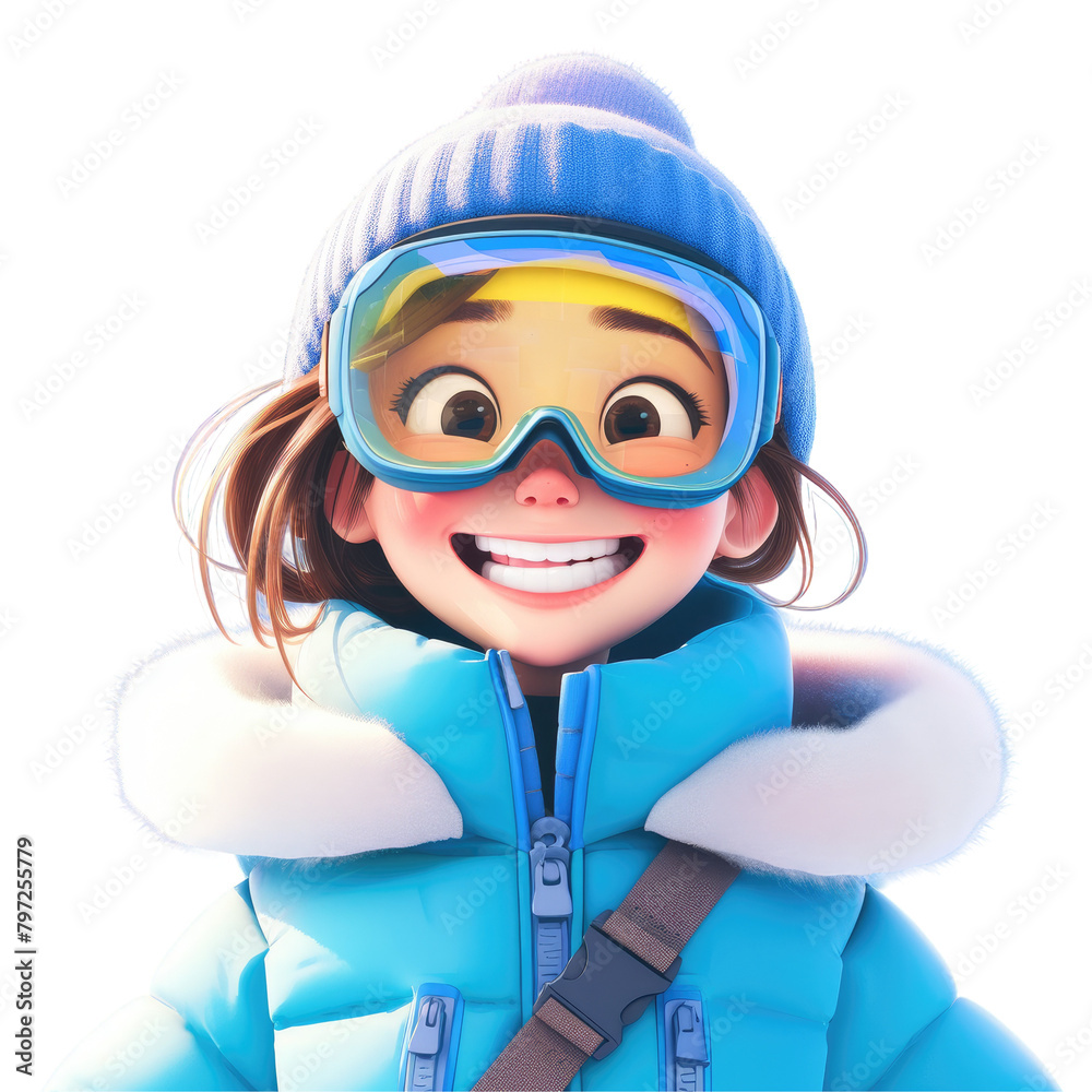 A cheerful young skier all smiles clad in a cozy padded jacket hat ski goggles and helmet eagerly poses for the camera as she embarks on a weekend getaway to the snowy mountains capturing t A cheerful young skier all smiles clad in a cozy padded jacket hat ski goggles and helmet eagerly poses for the camera as she embarks on a weekend getaway to the snowy mountains capturing t
