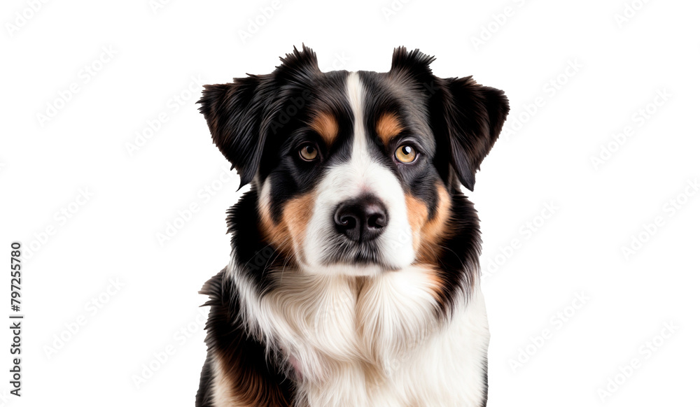A black, brown and white dog isolated on a png background. 