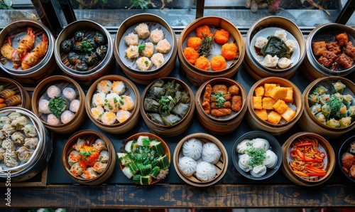 Dim sum food with many asian dishes  Generative AI