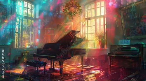 fantasy piano room with magical light surreal digital painting